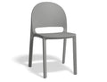 Grey polypropylene dining chair with sleek ergonomic design, stackable and weather-resistant for indoor and outdoor settings.