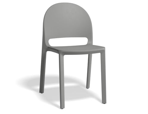Grey polypropylene dining chair with sleek ergonomic design, stackable and weather-resistant for indoor and outdoor settings.