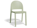 Mint green polypropylene dining chair with modern contours, lightweight and stackable for versatile indoor or outdoor use.


