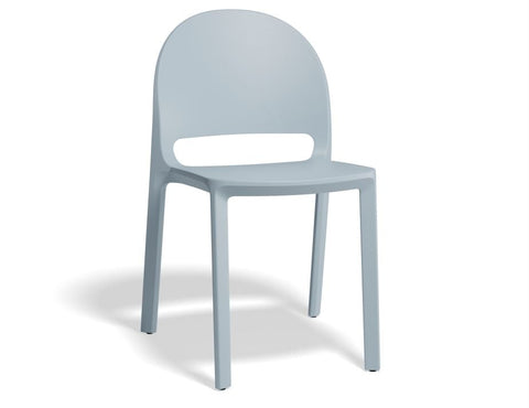 Pale blue polypropylene dining chair with soft pastel finish, ergonomic and stackable for modern indoor or outdoor spaces.