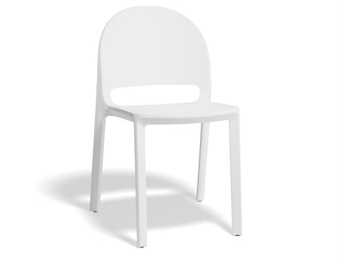 White polypropylene dining chair with clean, minimalist design, stackable and suitable for indoor and outdoor use.
