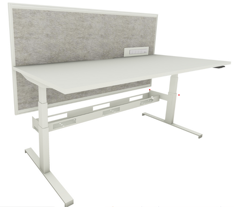 White height-adjustable desk with partition screen, visible legs, and under-desk cable management system, sit-to-stand workstation for offices