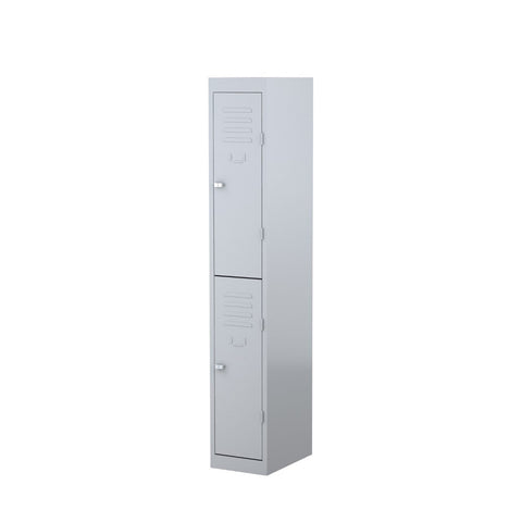 Two-door steel locker with 180-degree opening flush doors, ventilation louvres, and cardholder provision for easy identification