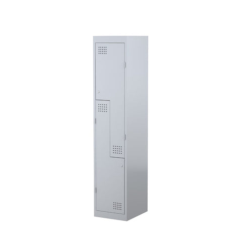 Step door steel locker with ventilation holes, secure locking system, and 20kg shelf capacity, ideal for personal storage