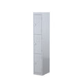 Three-door steel locker with 180-degree opening flush doors, ventilation louvres, and cardholder provision for easy identification