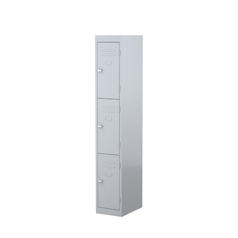 Three-door steel locker with 180-degree opening flush doors, ventilation louvres, and cardholder provision for easy identification