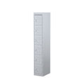 Six-door steel locker with 180-degree opening flush doors, ventilation louvres, and cardholder provision for easy identification