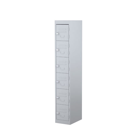 Six-door steel locker with 180-degree opening flush doors, ventilation louvres, and cardholder provision for easy identification