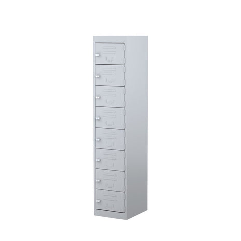 Eight-door steel locker with 180-degree opening flush doors, ventilation louvres, and cardholder provision for easy identification
