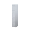 Four-door steel locker with 180-degree opening flush doors, ventilation louvres, and cardholder provision for easy identification