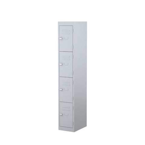 Four-door steel locker with 180-degree opening flush doors, ventilation louvres, and cardholder provision for easy identification