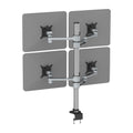 A quad monitor arm made of aluminum and plastic, featuring four monitor mounts and a central supporting structure, in silver