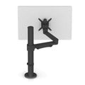 A black single monitor arm made of aluminium and plastic, featuring a desk clamp attachment and a mount for a monitor.