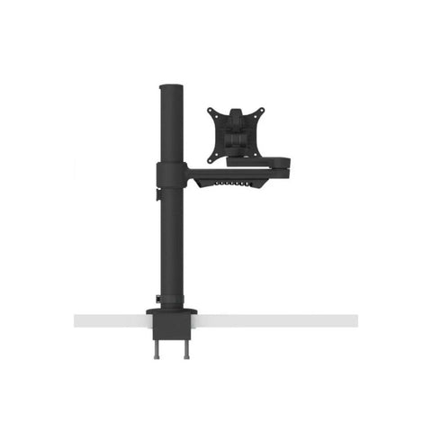 A black single monitor arm made of aluminium and plastic, featuring a desk clamp attachment and a mount for a monitor.