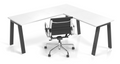 Corner Edge Adaptable Desk with black leg finish and black office chair in front 