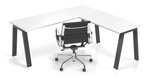 Corner Edge Adaptable Desk with black leg finish and black office chair in front 
