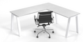 Corner Edge Adaptable Desk with white leg finish and black office chair in front 