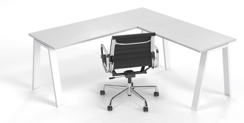 Corner Edge Adaptable Desk with white leg finish and black office chair in front 