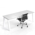 Single Edge Adaptable Desk with white leg finish and black office chair in front 