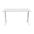 A white height-adjustable desk with visible desk legs 