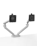 Flo dual monitor arm desk-clamp mounted with adjustable joints for angle and length