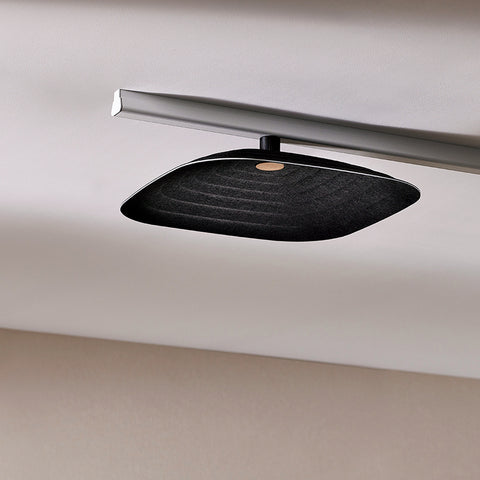 Ceiling installation of Fuji Roku square black acoustic tiles 