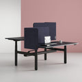 A modern office workstation featuring a navy blue LOVOC frame mounted upholstered screen