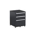 A black mobile pedestal with three drawers on castors, featuring a lockable front.