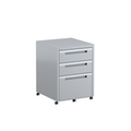 A silver mobile pedestal with three drawers on castors, featuring a lockable front.