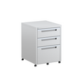 A white mobile pedestal with three drawers on castors, featuring a lockable front.