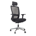 A black Buro Mentor Mesh Back office chair with a polished aluminum base, head rest and adjustable armrests.