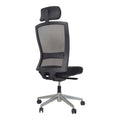 A black Buro Mentor Mesh Back office chair with a polished aluminum base and headrest back view