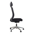 A black Buro Mentor Mesh Back office chair with a polished aluminum base and headrest side view