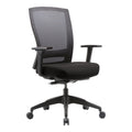 A black Buro Mentor office chair with mesh back and nylon base, featuring adjustable armrests and lumbar support.