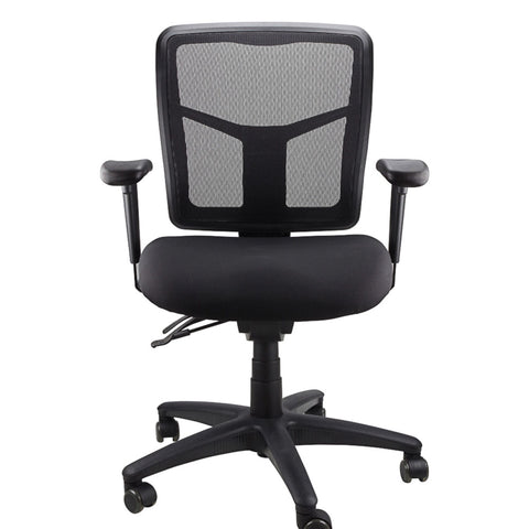 Mirae black ergonomic mesh task chair with multiple adjustments and a five-star base with casters, front view