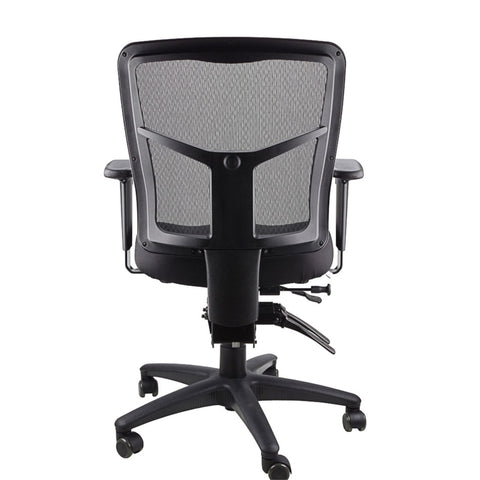 Mirae black ergonomic mesh task chair with multiple adjustments and a five-star base with casters, back view
