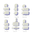 Moonbi Modular Lounge showing all pieces with specifications and sizes, rounded modular design, available in fabric, leather, or vinyl
