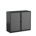 A small tambour cabinet with retractable doors in black satin, designed for office storage.