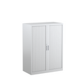 A white tambour cabinet with retractable doors