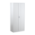 Tambour door cabinet in white with vertical panel design