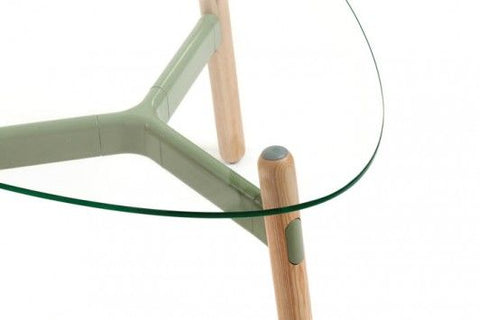 Okidoki Tri Coffee Table with clear glass top and solid timber legs, modern office and home table