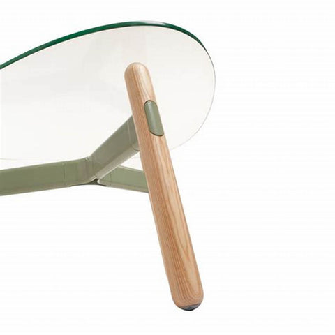 Okidoki Tri Coffee Table with clear glass top and solid timber legs, modern office and home table