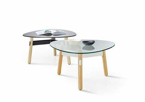 Two Okidoki Tri Coffee Tables with rounded triangle glass tops and solid timber legs – modern office and home furniture