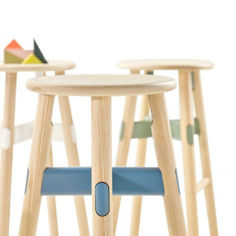 Close up of Okidoki stools in ash timber legs