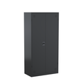 Steelco black satin wardrobe with two doors, reinforcement on the doors, ventilation holes, and a key lock.