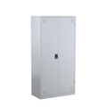 Steelco satin silver wardrobe with two doors, reinforcement on the doors, ventilation holes, and a key lock.