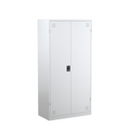 Steelco white satin wardrobe with two doors, reinforcement on the doors, ventilation holes, and a key lock.