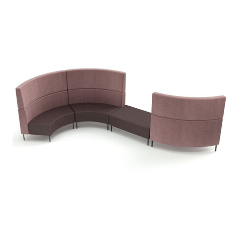 Round Lounge in mauve and dark brown with high back, connected curved and upholstered units, modular seating for office or collaborative spaces