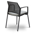 A black upholstered chair with four legs and armrests, featuring a gray seat cushion, back view