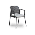 A black upholstered chair with four legs and armrests, featuring a gray seat cushion.